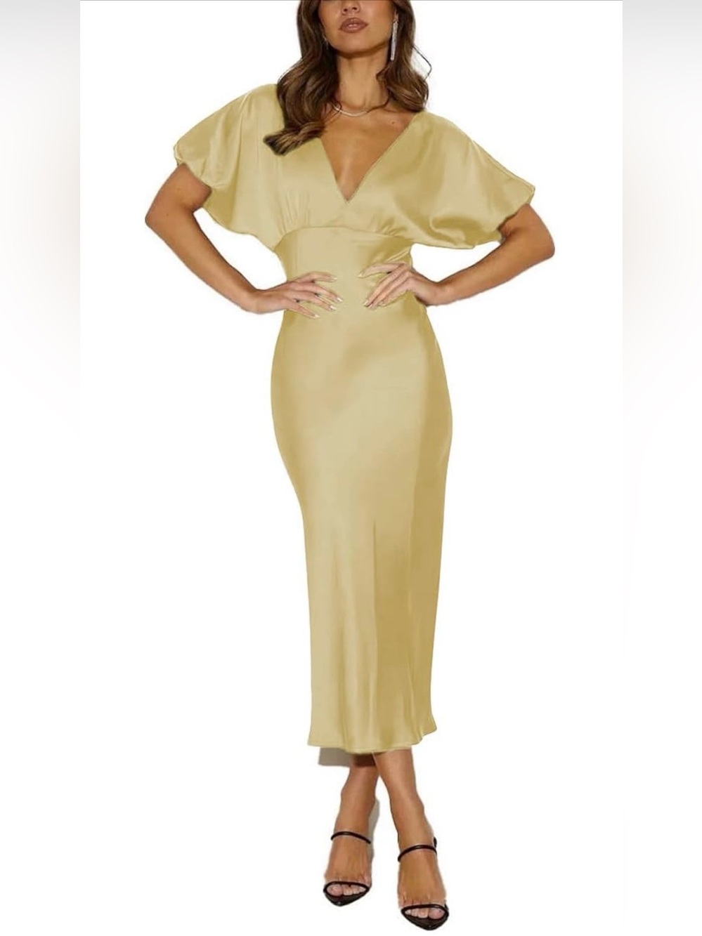 Lopath Satin V Neck Puffy Sleeves Midi Dresses for Women Wedding Guest